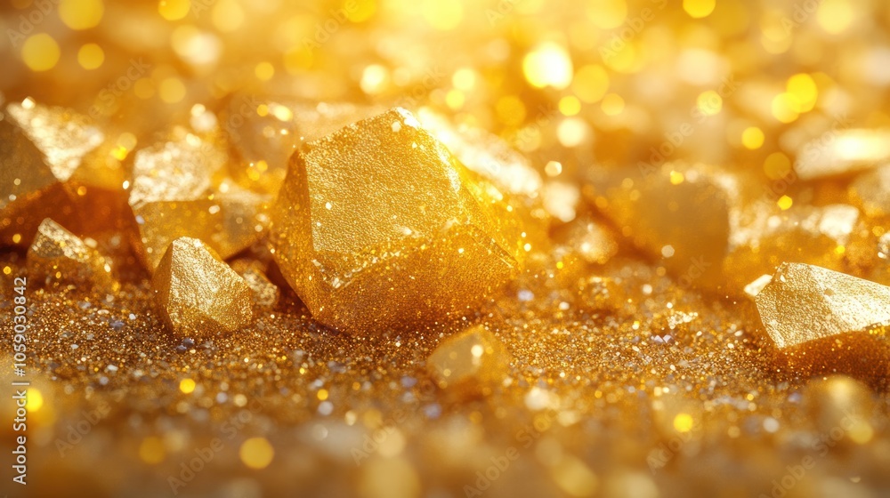 Closeup of glittering golden rocks on a sparkling surface. Closeup of glittering golden rocks on a sparkling surface.
