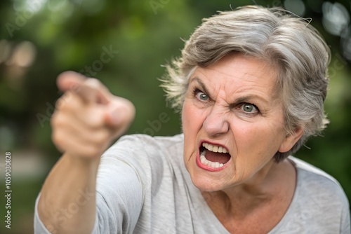 Furious senior woman pointing with anger and frustration in her expression. Emotionally intense image depicting frustration and displeasure in a personal conflict. photo