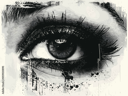 Close up of a woman's eye with a black and white background. The eye is drawn with a lot of detail, including the lashes and the iris. Scene is one of intensity and focus