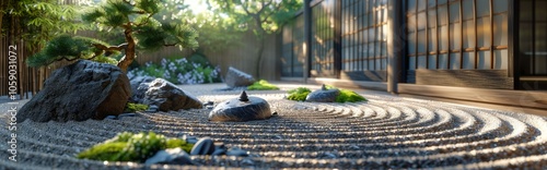 Serene Japanese Garden With Sand And Stones In Morning Light