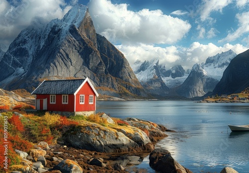 Red Cabin and Boat in Lofoten, Norway