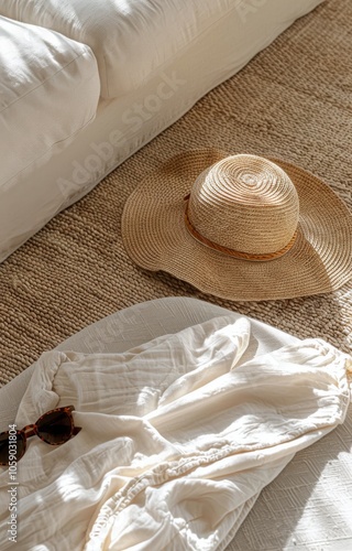 Straw Hat and Sunglasses Resting on White Couch in the Summer Sun