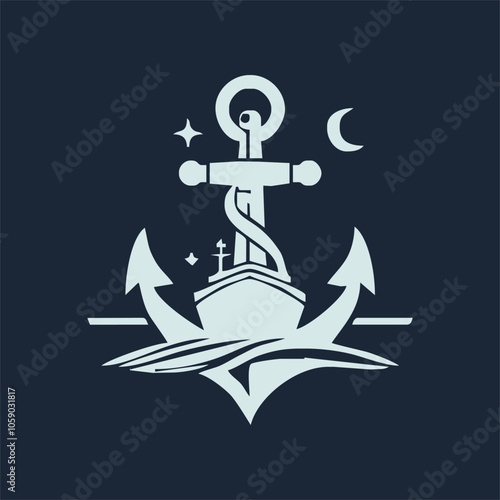 ship anchor emblem, black isolated silhouette vector