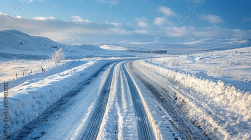 Snowy Road Winding Through Icelandic Mountains on a Sunny Winter Day