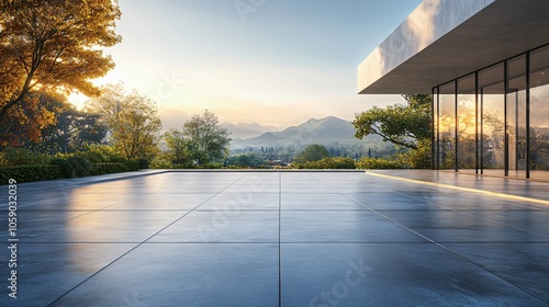 Modern Architectural Space with Platform, Road, and Parking Area on Brick Surface for Automotive Advertisement with Blank Background