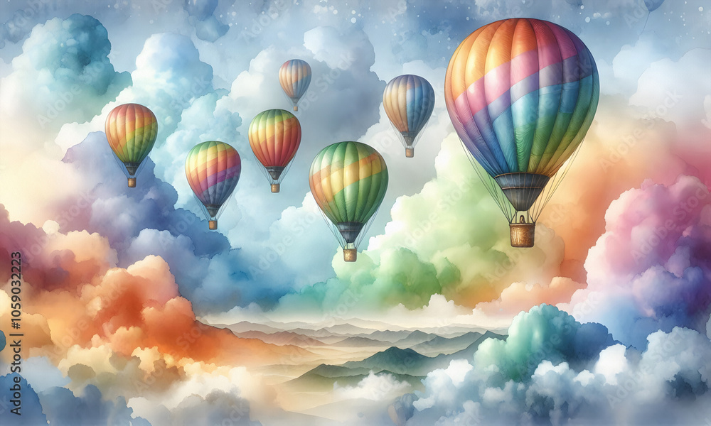 Naklejka premium Farbenfrohe Heißluftballons in Regenbogenfarben fliegen am Himmel, copy space