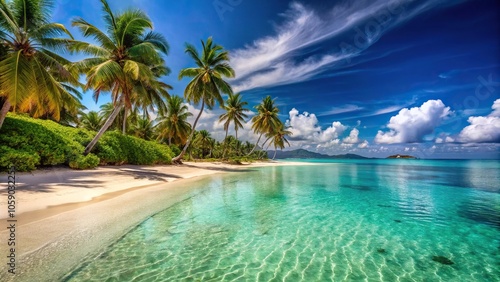 Warm sandy beach with crystal clear turquoise water and a few palm trees in the background, ocean view, travel image, beach scenery, tropical landscape