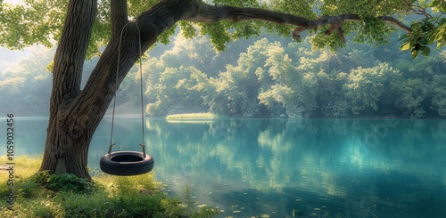 Tranquil Tire Swing Over Serene Lake in Lush Green Forest