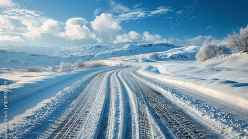 Snowy Road Winding Through Icelandic Mountains on a Sunny Winter Day