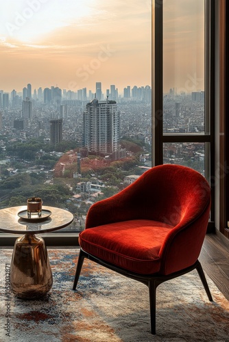 Modern red chair in a bright high-rise with a stunning city view during daytime