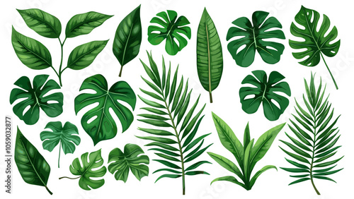 Wallpaper Mural Tropical leaves set. Collection of exotic plants: Caladium, Fatsia, Calathea, Alocasia, Howea, liane. Vector foliage elements isolated on a white background. Realistic botanical illustration. Torontodigital.ca