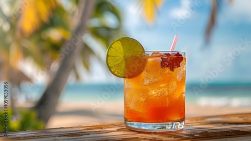 Refreshing Iced Cocktail on a Tropical Beach at Sunset
