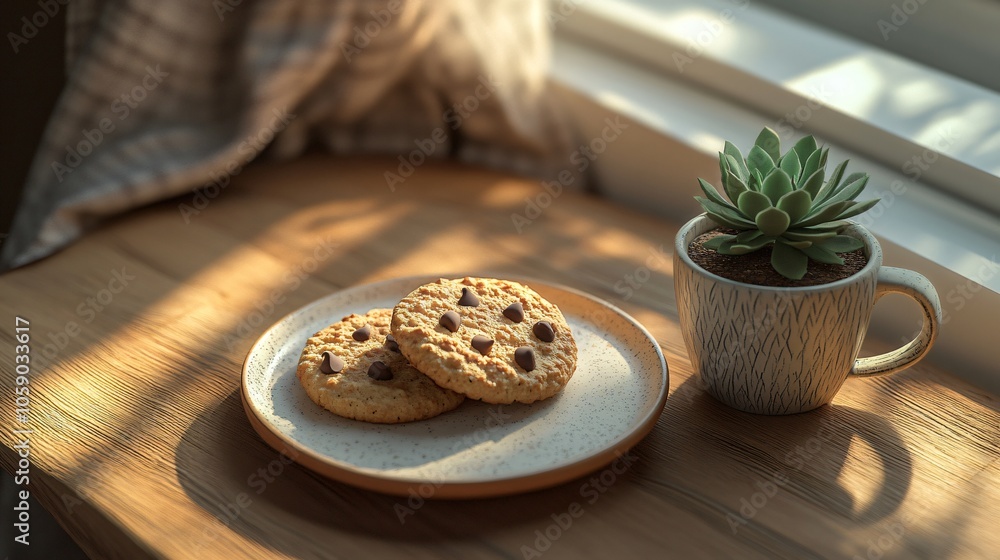 Homemade Chocolate Chip Cookies and Succulent Plant on a Windowsill Homemade Chocolate Chip Cookies and Succulent Plant on a Windowsill
