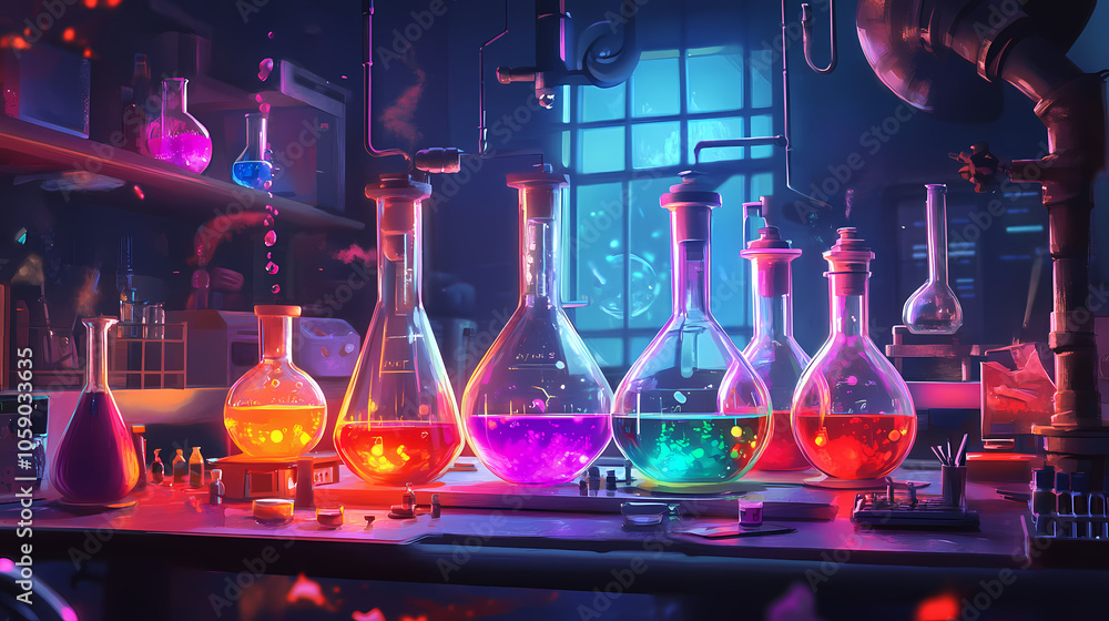 Illustration of a vibrant cartoon chemistry laboratory with various colored flasks and potions for experiments. Sci-Fi Laboratory. Illustration Illustration of a vibrant cartoon chemistry laboratory with various colored flasks and potions for experiments. Sci-Fi Laboratory. Illustration