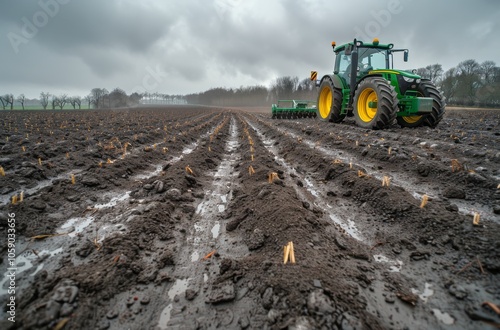 Green Tractor Working a Field on an Overcast Day