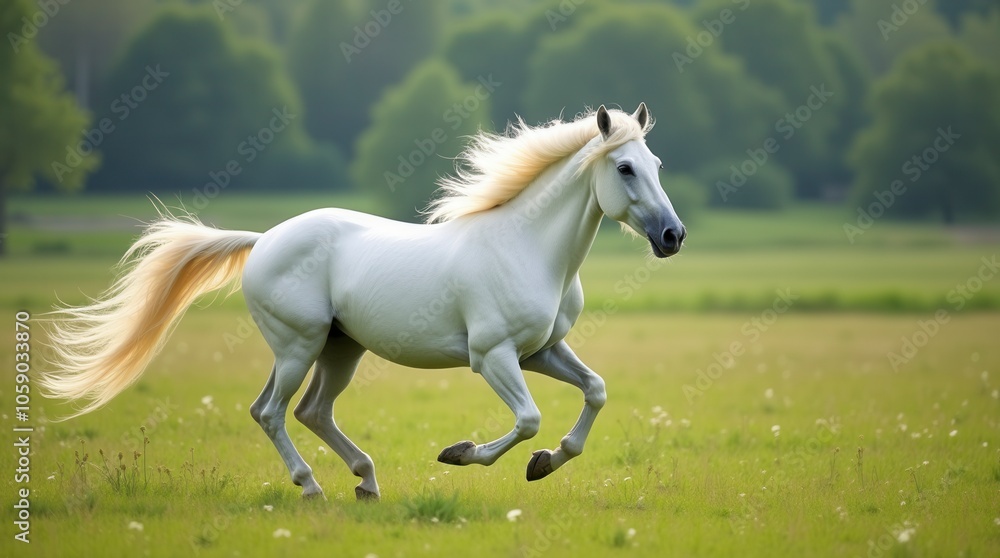 Obraz premium White Stallion Galloping Freely in Green Pasture Majestic Horse with Flowing Mane Symbol of Freedom