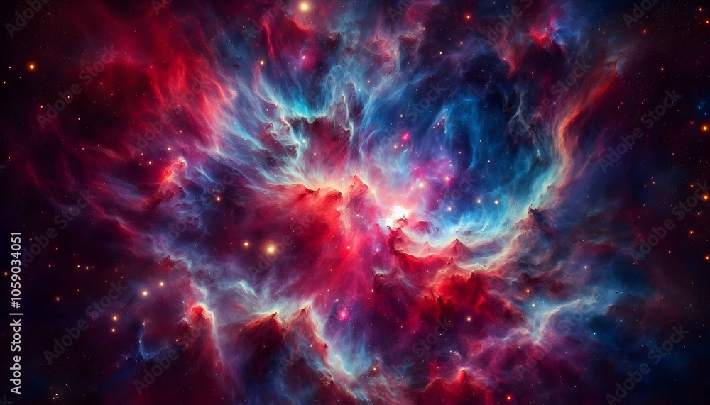 Naklejka premium A colorful, high-resolution image of a vibrant nebula in deep space, with swirling clouds of red, blue, and purple gas. Bright stars are scattered throughout the scene, 