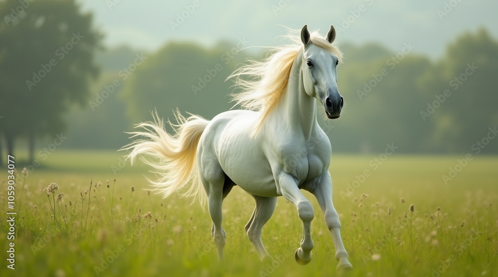 White Stallion Galloping Freely in Green Pasture Majestic Horse with Flowing Mane Symbol of Freedom White Stallion Galloping Freely in Green Pasture Majestic Horse with Flowing Mane Symbol of Freedom