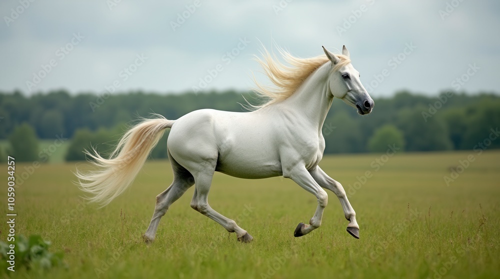 White Stallion Galloping Freely in Green Pasture Majestic Horse with Flowing Mane Symbol of Freedom White Stallion Galloping Freely in Green Pasture Majestic Horse with Flowing Mane Symbol of Freedom