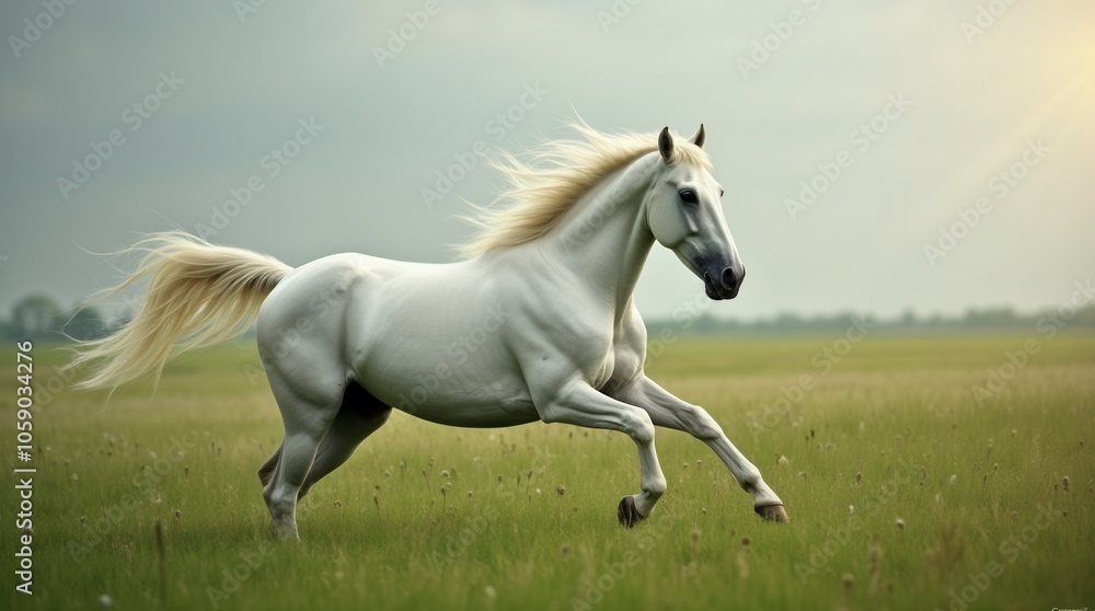 Obraz premium White Stallion Galloping Freely in Green Pasture Majestic Horse with Flowing Mane Symbol of Freedom
