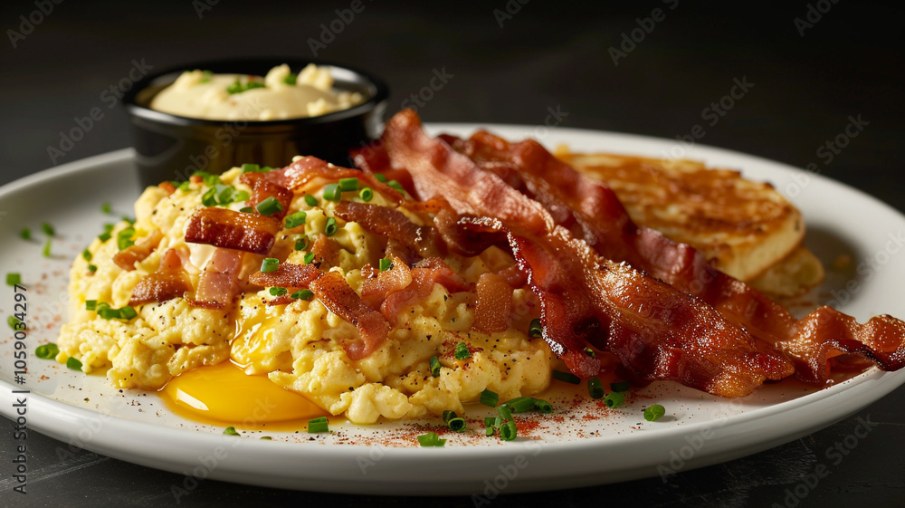 A plate of fluffy scrambled eggs with crispy bacon and golden hash browns on the side A plate of fluffy scrambled eggs with crispy bacon and golden hash browns on the side