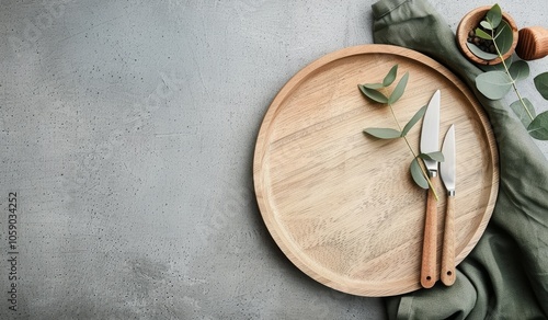 Wooden Plate With Cutlery and Greenery