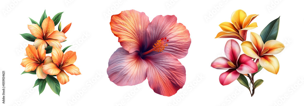 Colorful Tropical Flowers on Transparent Background Colorful Tropical Flowers on Transparent Background