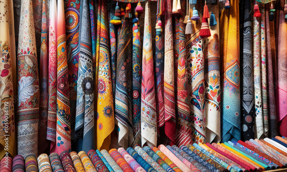 Bunte Stoffe mit komplizierten Mustern und Texturen auf einem Markt Bunte Stoffe mit komplizierten Mustern und Texturen auf einem Markt