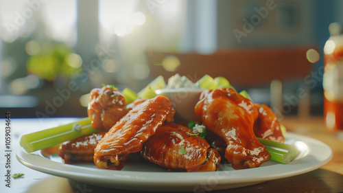 A delicious serving of spicy buffalo wings, perfectly cooked and served with fresh celery sticks and zesty blue cheese dressing for a satisfying bite photo