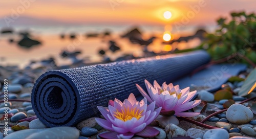 Rolled Yoga Mat and Pink Lotus Flowers on Beach at Sunset