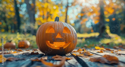 Carved Jack-O-Lantern On Wooden Path With Fall Leaves And Sunlight