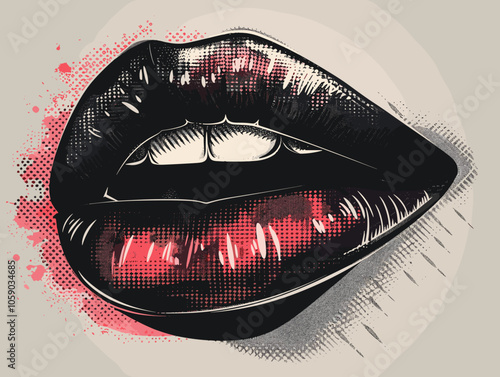 Close up of a woman's lips with a red and black color scheme. The lips are drawn with a lot of detail, including the teeth and the tongue. Scene is bold and confident