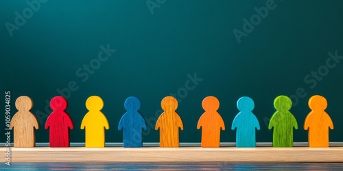 Wooden Figures. A row of colorful human figures stand together, symbolizing of diversity. Importance of inclusion, teamwork. People Silhouettes. Concepts of unity in our society. Humanity. Copy Space