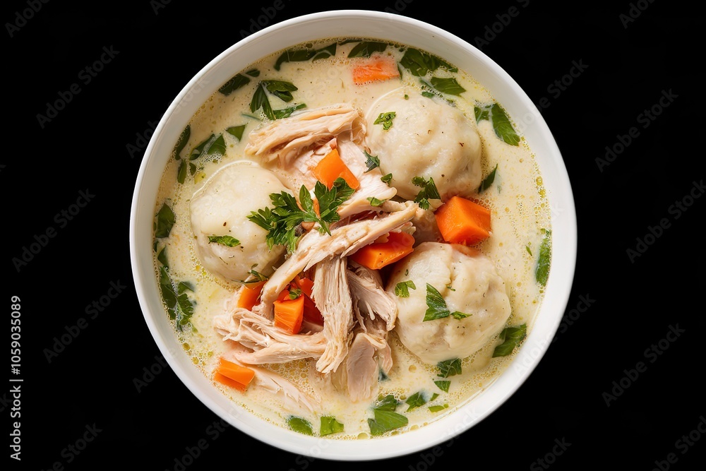 a creamy soup with chunks of shredded chicken meat, dumplings, and diced carrot a creamy soup with chunks of shredded chicken meat, dumplings, and diced carrot
