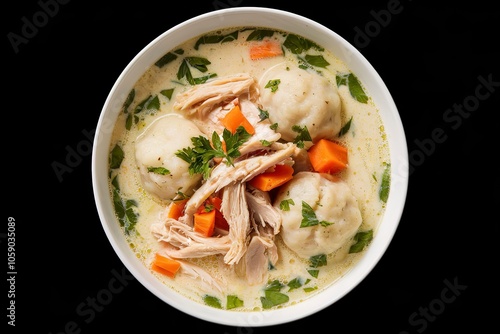 a creamy soup with chunks of shredded chicken meat, dumplings, and diced carrot