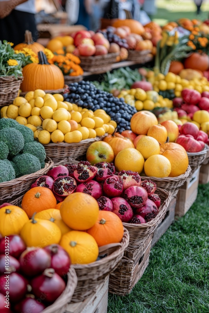 Colorful fruit and vegetable display at a farmers market during autumn Colorful fruit and vegetable display at a farmers market during autumn