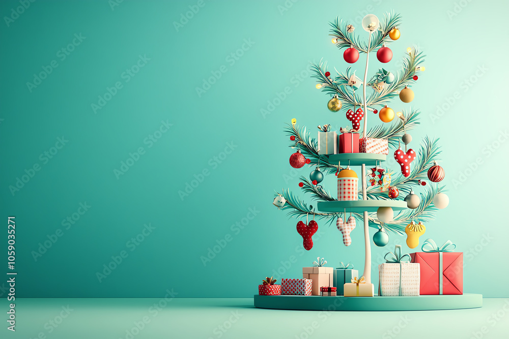 Miniature tree decorated with mini stockings, Christmas nostalgia, 3D illustration Miniature tree decorated with mini stockings, Christmas nostalgia, 3D illustration
