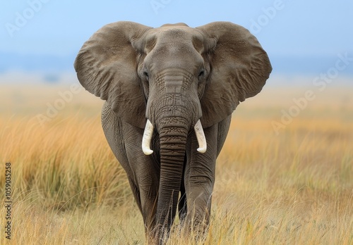 Large African Elephant Walking Through Tall Grass in Savanna