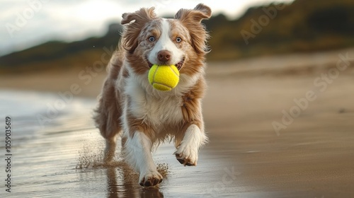 Dog running on the beach with a tennis ball during a cloudy day