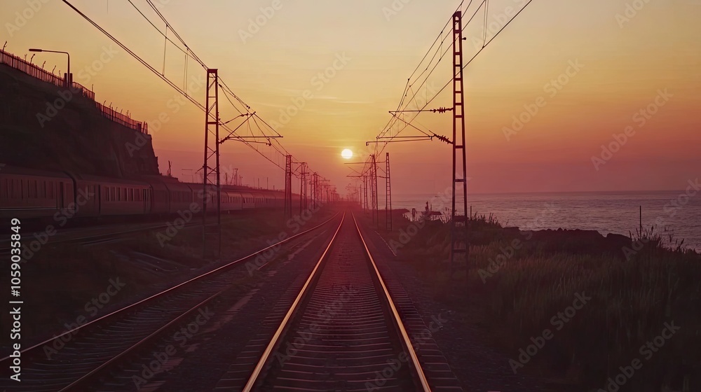 Scenic view of railway tracks vanishing into the horizon at sunset, warm hues and tranquil atmosphere evoke wanderlust. Scenic view of railway tracks vanishing into the horizon at sunset, warm hues and tranquil atmosphere evoke wanderlust.