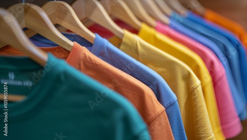 Colorful T-Shirts Hanging on Wooden Hangers in a Retail Store