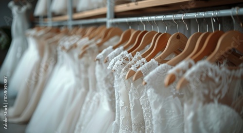 White Lace Wedding Dresses Hanging On Wooden Hangers In A Bridal Boutique