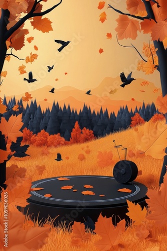 Colorful autumn landscape with paper art leaves and a spool on a pedestal