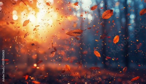 Autumn Leaves Falling in a Forest at Sunset