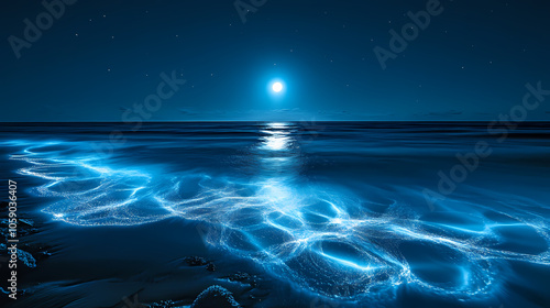 Mesmerizing display of bioluminescent plankton in moonlit ocean , bioluminescent, plankton, moonlit, ocean. Moonlit Ocean. Illustration photo