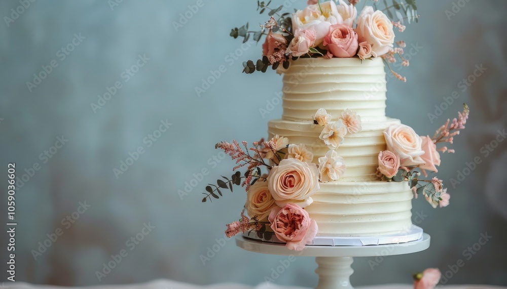 Three-Tier Wedding Cake Decorated With Pink Roses and Greenery Three-Tier Wedding Cake Decorated With Pink Roses and Greenery