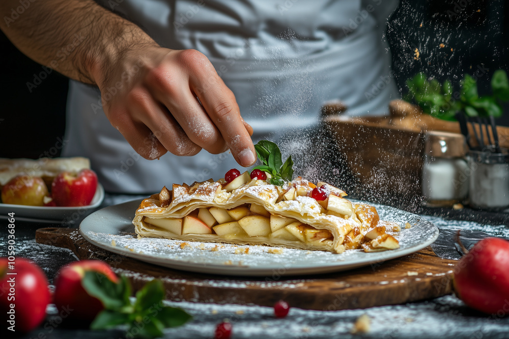 The chef prepares a crispy apple tart strudel cake dessert The chef prepares a crispy apple tart strudel cake dessert