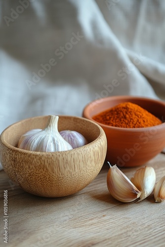 Fresh garlic and vibrant spices arranged in rustic bowls on a wooden surface