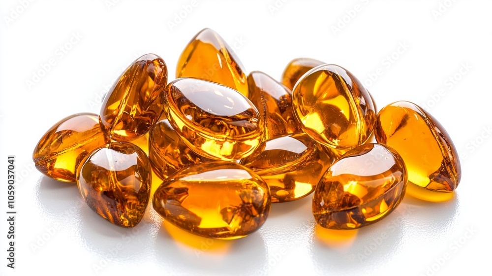 Amber Gel Capsules on Bright Surface Amber Gel Capsules on Bright Surface