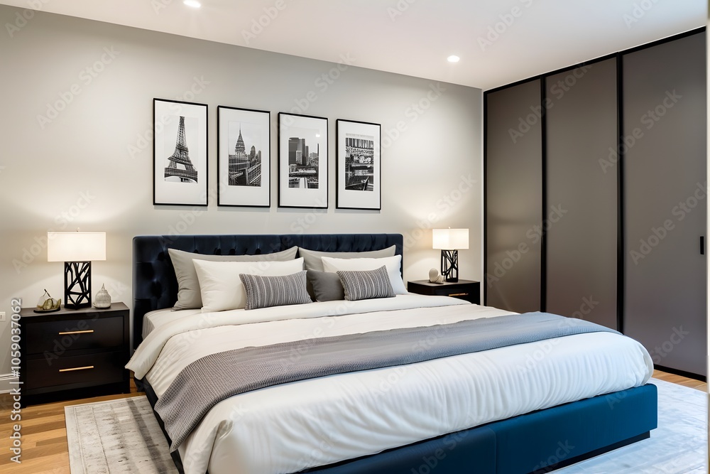 Fototapeta premium Modern apartment bedroom with simple interior design.